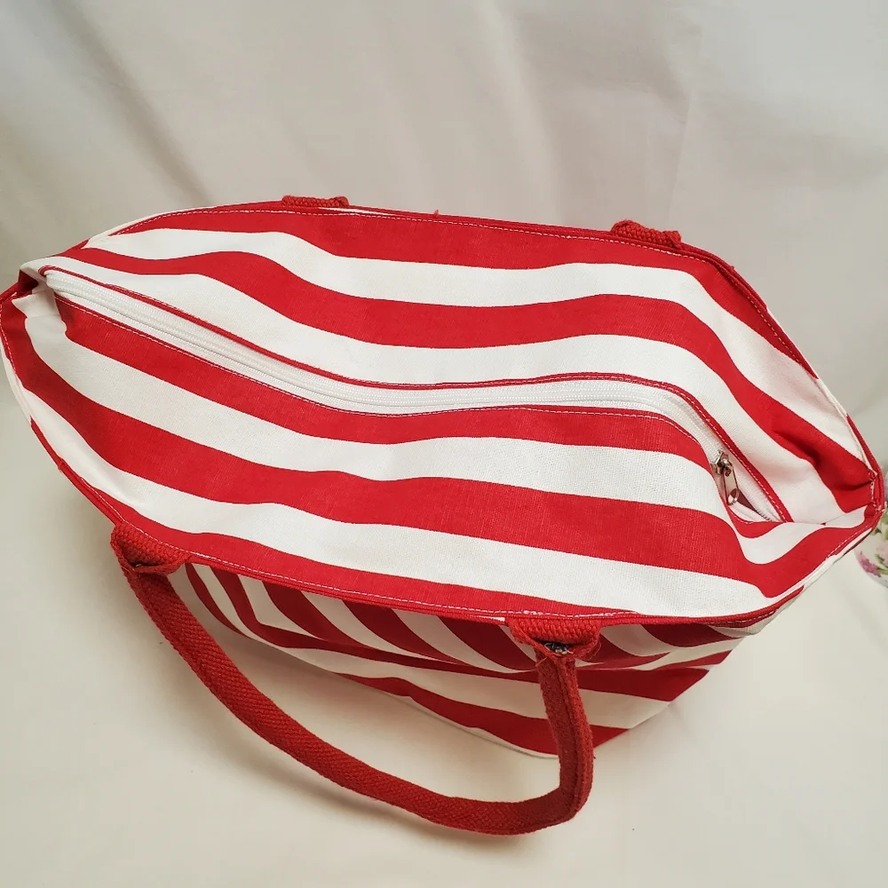 Adobe Canvas Tote Bag with Zipper Red and White Stripes - Picture 3 of 9